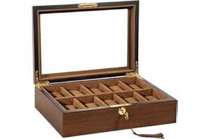 Uten Uhrenbox für 10 Uhren, Uhren Aufbewahrungsbox mit Schlüssel, Uhrenkasten aus Holz herausnehmbaren Uhrenkissen,Geschenke für Muttertag, Vatertag, Dunkelbraun