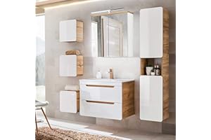 Lomadox Badmöbel Komplett Set, Hochglanz weiß mit Wotan Eiche Nb., 81 cm Keramik-Waschtisch, LED-Spiegelschrank, Hochschrank und 3 Hängeschränke