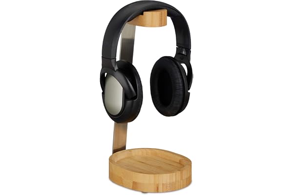 Relaxdays hörlursställ, bambu, metall, natur | Hörlursställ för on-ear- och over-ear-hörlurar, förvaring, elegant design