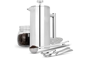 Maison & White French Press Cafetiere Stainless Steel Coffee Press Maker Free Extra Filter/Measuring Spoon/Bag Clip Double Wall Insulation 7 Coffee Gift Set 350 ml