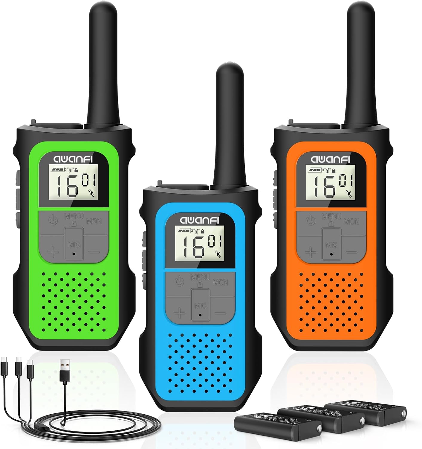 AWANFI Walkie Talkie Recargable con 1200mAh Batería, Walkie Talkie para Niños Adultos, 3 Piezas Walkie-Talkies, 16 Canales VOX, Walky Walky para Aventuras Camping Senderismo