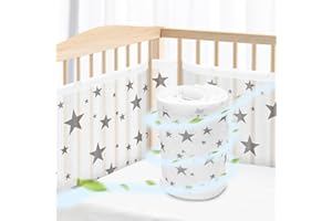 WYSWYG Cot Bumper with Breathable Mesh,2 PCS Baby Cot Bumpers Safer Cot Liner,Breathable Bed Bumper for Toddlers Fits 140×70cm 4 Panel Cot,White Star
