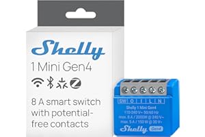 Shelly 1 Mini Gen4, Interruttore Relè Intelligente Wi-Fi, 1 Canale, 8A, Contatti Puliti, Domotica, Controllo Porta Garage, Nessun Hub Richiesto, Certificato Matter, Alexa, Google, HomeKit, Zigbee