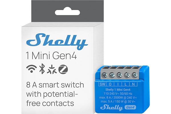 Shelly 1 Mini Gen4 – WLAN & Matter Smart reläbrytare, 1 kanal, 8 A | Potentialfri kontakt, Zigbee, ljusströmbrytare, app, röst- och plattformskontroll, timer, ingen hubb krävs