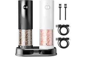 COOKWISE Salz und Pfeffermühle Elektrisch, 2er Set Wiederaufladbare Gewürzmühlen mit USB-C Schnellladung, Einstellbarem Mahlgrad, LED Beleuchtung, Keramikmahlwerk, mit stabilem Ständer – Schwarz-Weiß