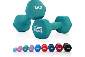 Core Balance Dumbbell Pair Hex Weight Neoprene Coated Cast Iron Strength Training (2 x 1kg, 2kg, 3kg, 4kg, 5kg, 6kg, 7kg, 8kg, or 10kg)