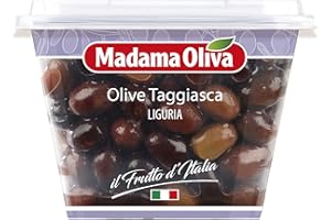 MADAMA OLIVA, Olive Taggiasche, Gusto Fruttato e Aromatico, Ideali da Accompagnare nei Piatti di Carne e Pesce, Senza Conservanti Aggiunti, 100% Made in Italy, 250 gr