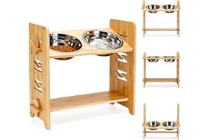 TOWEAR Raised dog Bowl, elevated dog bowls,6-Level Adjustable Raised, Bamboo Dog Feeding Station, 2 Stainless Steel Pet Bowl, dog bowls with stand for Dog and cat Raised Feeders (For large dog)