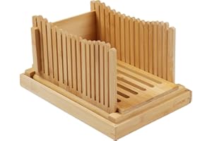 PURENJOY bambú Rebanadora de pan Plegable y comprimido Ajustable Guía de rebanadora de pan Con bandeja Recoger Migas de pan para Pan casero Pan rustico
