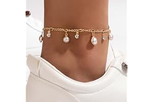Inateannal Boho Crystal Pearl Ankle Bracelet Gold Figaro Chain Anklet Cubic Zirconia Pearl Charm Ankle Chain Beach Foot Jewelry for Women Teen Girls