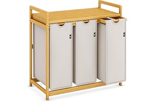 ADEL DREAM AdelDream Cesto Portabiancheria Cesto per Bucato 150L Organizzatore Lavanderia con 3 Scomparti in Bambù Selezionatore di Bucato Grigio Chiaro