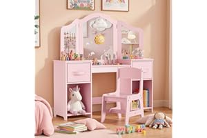 Clevich Kids Vanity Table and Chair Set, 2-in-1 Girls Vanity Set with Removable Mirror & Stool, Princess Toddle Makeup Table with Storage Box, Wooden Desk for Kids (Pink)