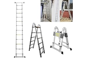 DICN 3.8M / 1.9M+ 1.9M Foldable Ladders A Frame Aluminium Extendable Extension 16 Steps150kg Max. Capacity Multipurpose Climb Ladder Portable Loft Attic for Business Home Work DIY Builder