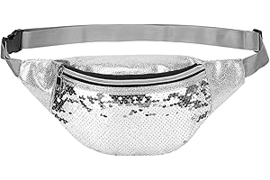 DTGN Sequined Fanny Pack for Women, Cute Waist Belt Bag, Crossbody Bag Water Resistant Fashion Small Bum Bag with Adjustable Belt for Running Hiking Shiny Silver