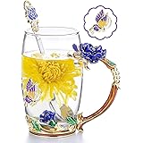 COAWG Blue Rose Enamel Large Glass Mug Gifts with Spoon Crystal Glass Cup Birthday Wedding Anniversary Gifts for Women Wife M
