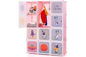 COSTWAY 8/12 Cube Children Clothes Closet, Cartoon Modular Wardrobe with Hanging Sections, Kids Storage Unit for Children Room, Nursery, Bedroom