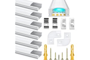 Chesbung - 6x1mètre Aluminium Profilé U-forme pour Bandes à LED, Compact Finition Professionnelle avec Blanc Laiteux Couvercle,Clips de Montage en Métal,Embouts Jaunes
