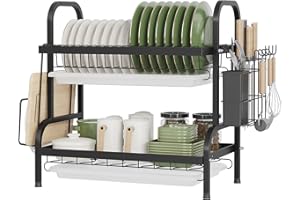 NETEL 2-poziomowy ociekacz do naczyń, ociekacz do naczyń z tackami ociekowymi, uchwyt na sztućce, kosz na naczynia, czarny
