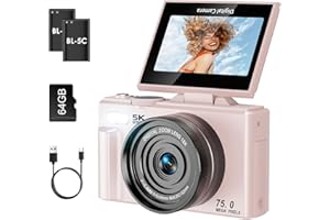 Nsyee 5K Digital Camera, with WIFI Transfer, 75MP Autofocus YouTube Vlog Camera, 180° Flip 3 Inch Screen, with 64G SD Card, 18x Digital Zoom, Compact Cameras Gift for Beginner, Perfect for Teens, Pink