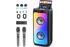 JYX Karaoke Machine with 2 Wireless Microphones | Portable Bluetooth 5.3 Speaker with TWS, PA System, Subwoofer, Disco Lights | Support SD Card, USB, AUX, REC, EQ, Remote | for Home/Gathering/Party