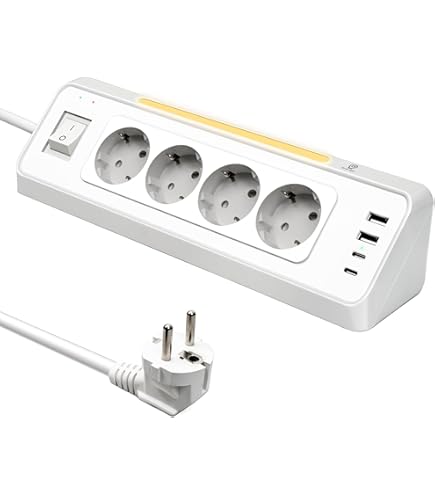 5-voudig hoekstopcontact met 2 USB-A en 2 USB-C, stekkerdoos met schakelaar, 4000 W, 16 A, 2 m kabel voor keuken en kantoor, desktop, meervoudig stopcontact, zwart