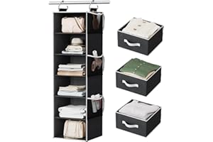 Pipishell Hanging Closet Organizer 6-Shelf, Hanging Shelves for Closet with 3 Removable Drawers & Side Pockets, Hanging Shelf Organizer for Bedroom or Garment Rack, 12'' x 12'' x 43.3'', Black
