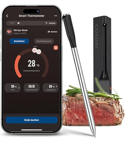 TFA Dostmann Küchen-Chef Funk-Grill-Bratthermometer, 14.1504, für ideal gebratenes Fleisch, L 60 (65) x B 21 (28) x H 105 mm