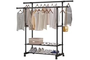 Joyyko Kleiderständer - Stabiler Kleiderständer Schwarz mit Ablage Gardarobenständer aus Metall Kleidungsständer & Kleiderstange Coat Hanger Doppelruten Multifunktionale Schlafzimmer (Art Deco)