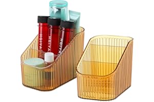 OSteed Amber Makeup Organiser Box for Vanity, Makeup Brush Holder with 6 Cups, Skincare Beauty Cosmetic Storage Box, Dressing Table Organiser Storage, Toiletry Organiser