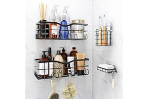 DYSAIM Estanteria Ducha sin Taladro, 4 Pack, Negro de Acero Inoxidable con Accesorios, Cesta Adhesiva con Jabonera y portacepillos de dientes