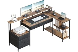 Seventable Schreibtisch L Form, Computertisch mit Steckdose, LED & Monitorständer, Reversibel Eckschreibtisch mit Schubladen, perfekt für Schlafzimmer Büro Wohnzimmer, vintagebraun