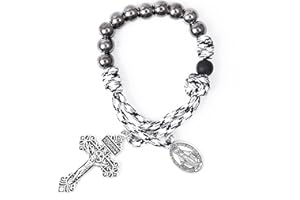 Nazareth Store Ein Jahrzehnt schwarzer und weißer Paracord-Rosenkranz aus dunkelsilbernen Perlen, Rosenkranz für Taschenautos, Schutz, Wundertätige Medaille und Jesus-Kruzifix