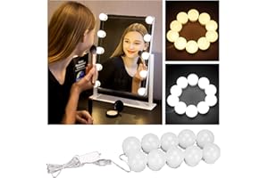 LED Vanity Mirror Lights Kit, LUCKYDIY USB Powered Hollywood Style 10 Dimmable Bulbs Makeup Lighting Fixture Strip Adjustable Brightness (3200K&6500K) with 15ft Adjustable Hidden Wire for Makeup Table