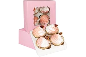Gcardist Auto-pop Up 4 Cupcake Boxes with Window Pink 12 Packs Cupcake Box 16x16x7.6cm Bakery Boxes For Cupcakes Carrier, Cupcake Containers (6.3x6.3x3 inch)