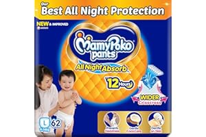 Mamypoko pants All night absorb| Pant Style Baby Diapers Large Size(L), 62 Count, Ideal for 9-14Kgs|1 Diaper= Upto All night Absorption|Wider Crisscross Sheet|Gentle Coco Care| 12hr Leakage Protection| Prevents Heaviness.
