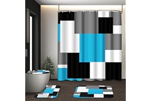 Tayney Blue Geometric Shower Curtain Set with Toilet Lid Cover and Non-Slip Rugs for Bathroom, Black White Grey Checkered 4 Pcs Shower Curtain, Modern Abstract Bathroom Set with 12 Hooks