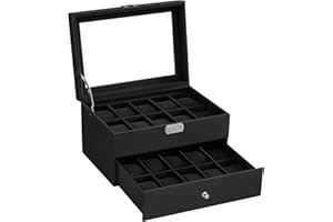 SONGMICS Pudełko na zegarki, pudełko na zegarki, ze szklaną pokrywą, 2-poziomowa obudowa z wyjmowanymi wkładkami