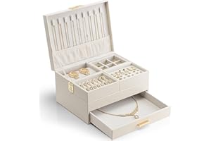 Vlando Schmuckkästchen Groß für Damen Schmuckaufbewahrung mit ausziehbarem Tablett Schmuck Organizer mit Schublade für Halsketten, Ringe, Armbänder,Ohrringe, Mütter und Mädchen, Beige