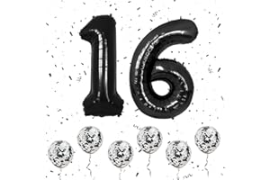 OUSUGA Zahlen 16 Luftballons Schwarz, 40 Zoll große Folien ballon Nummer 1 & 6 mit 6 Schwarz Konfetti-Helium ballon, 16. Geburtstags ballon für Mädchen Jungen Party Romantische Anlässe Jubiläums dekorationen