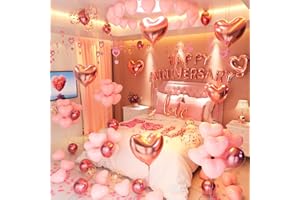 CBODECO Anniversary Decorations Pink，Valentines Day Decorations,Happy Anniversary Banner Pink Heart Balloons Hanging String Rose Petals