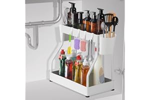 DOBIGER Unter Waschbecken Regal 2 Etagen, Under Sink Organizer mit 4 Haken und 2 Tasse, Putzmittel Organizer für Küche, Spülbecken, Bad, Schrank, küchen Organizer Weiß