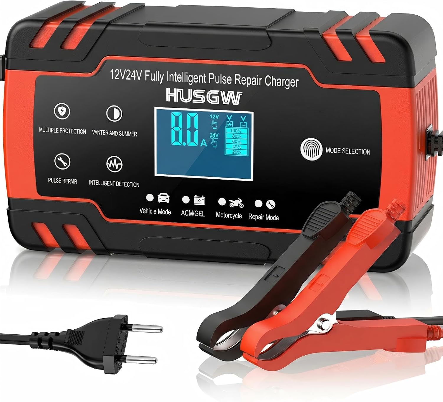 Husgw Chargeur Batterie Voitures 12V/24V 8A, Maintien de Charge Auto | Chargeur de Batterie Intelligent Moto avec Fonction Réparation, , Écran LCD, pour Voiture Moto Camion, AGM, Gel, Wet, SLA