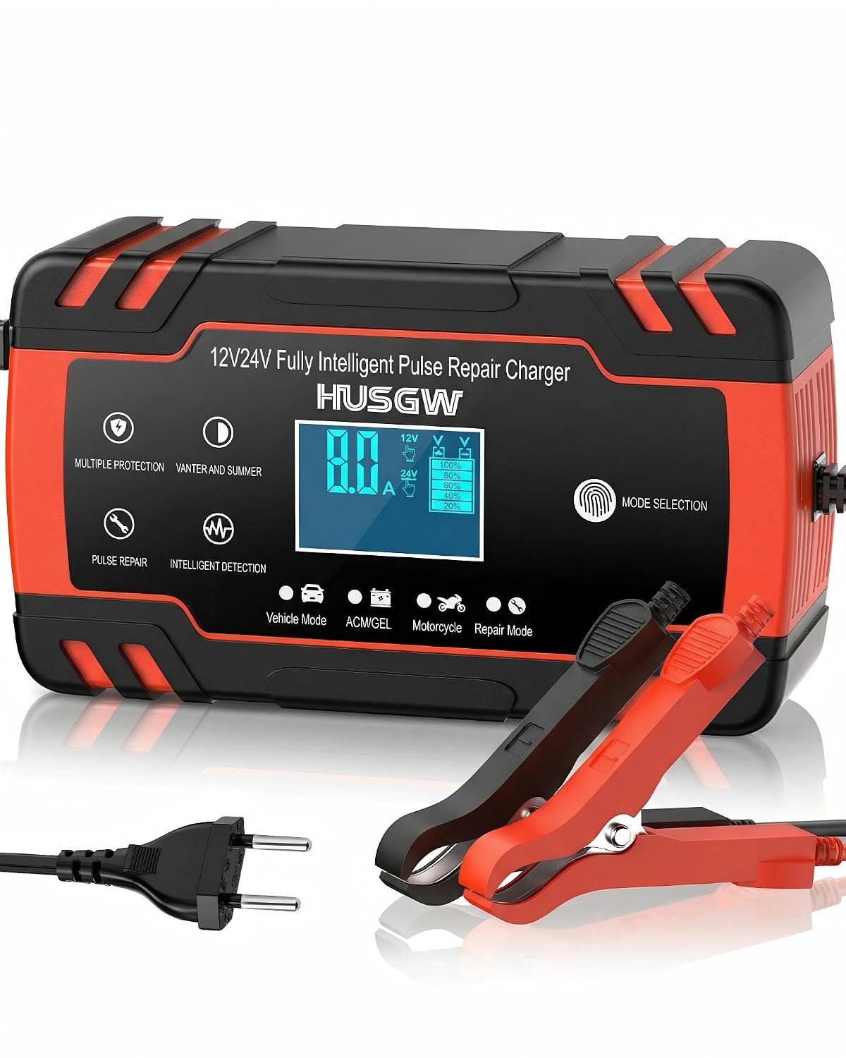 Husgw Acculader 12 V/24 V 8 A, intelligente oplader met meerdere functies voor automatische bescherming, onderhoud en reparatie, geschikt voor auto's, vrachtwagens, AGM, gel en SLA (8-100 AH) | Chargeur de Batterie Intelligent Moto avec Fonction Réparation, , Écran LCD, pour Voiture Moto Camion, AGM, Gel, Wet, SLA