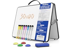Nicpro Dry Erase Whiteboard Foldable A3 with Stand & Handle, 30 x 40 cm Double Sided Magnetic Desktop White board with Pens, Eraser Magnet, Portable Writing Easel for Kid Drawing Student Classroom Use