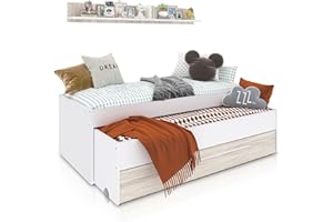 duehome | Cama Nido Juvenil, 2 Camas + Cajon + Estante, Cama Infantil, Modelo Nuit, Acabado en Blanco Artik y Blanco Velho, Medidas: 199 cm (Largo) x 96 cm (Ancho) x 65 cm (Alto)
