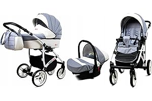 BabyLux® Bambimo Kinderwagen Set 3 in 1 - White Lux - incl. Babywanne, Buggy Sportsitz, Auto-Babyschale - Autositz - Kinderwagenset - Kombikinderwagen mit Wickeltasche, Regenschutz usw.