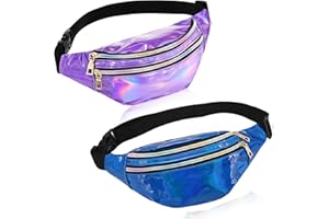 Gosure Holographic Waist Bag 2 Pack Bumbag Waist Bag,Running Waist Fanny Pack for Men Women, Adjustable Belt Waist Packs for Rave Sport Hiking Travel (06 Purple, Blue)