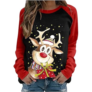 Damen Sweatshirt Mit Weihnachtsdruck - Langarm Pullover Lockere Passform S-3XL