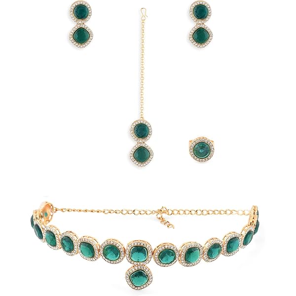 YERTTER Vintage Green Crystal Choker Necklace & Earrings Set - Rhinestone Statement Jewelry For Women