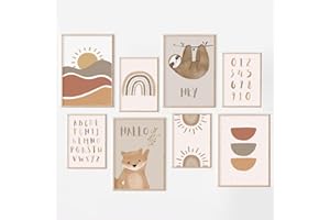 MeinBaby123® Poster Kinderzimmer DIN A4 und A5 Set Wandbilder Deko Bilder Boho Babyzimmer Wandposter Premium (Faultier & Bär 8er Set)